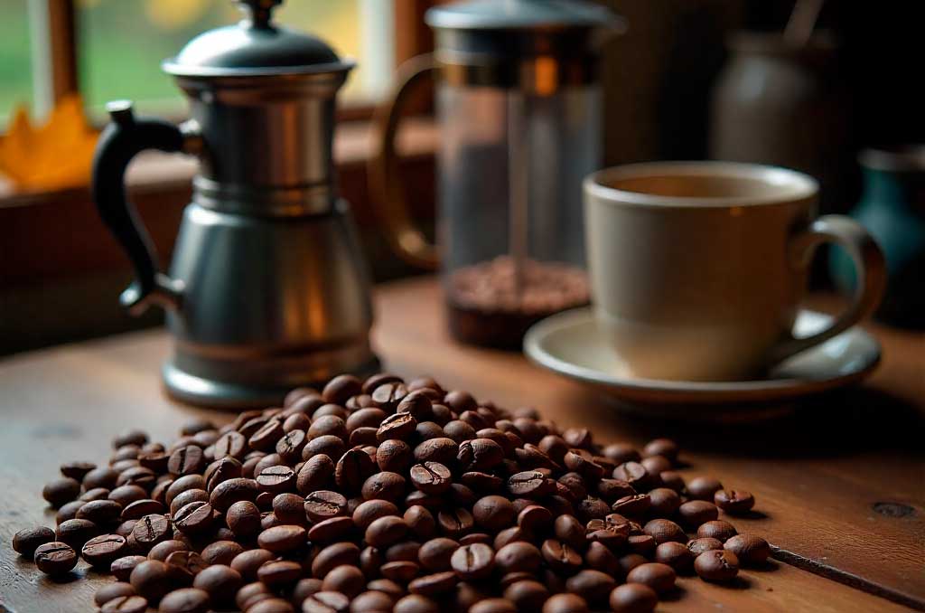 Café, taza y cafetera